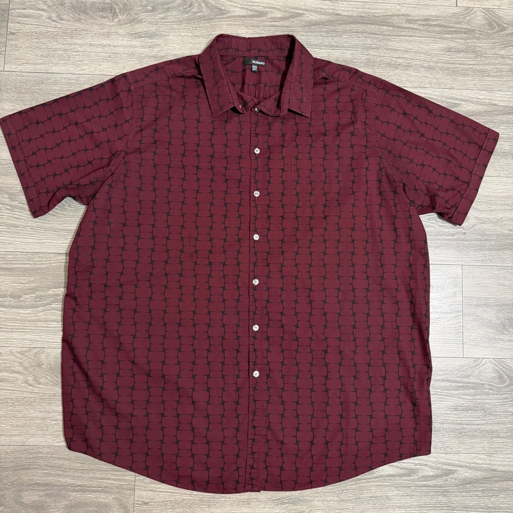 Murano Mens Shirt 3XT 100% Cotton Short Sleeve Button Down Burgundy Geometric